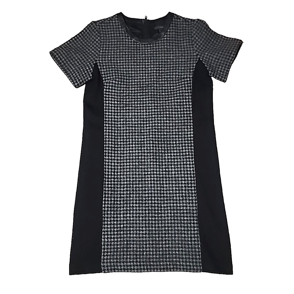 J Crew Wool Short Sleeve Dress 6 Black Gray Houndstooth Preppy Faux Leather Trim